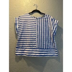 Banana Republic Womens Blue White Mixed Stripe Button Back Short Sleeve Blouse M